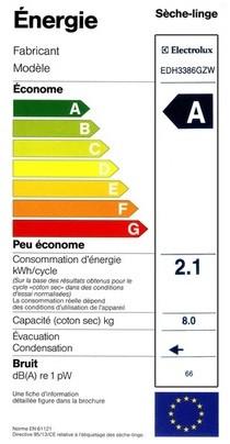 Sèche Linge Electrolux - EDH3386GZW - Label Energie