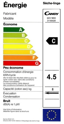 Sèche Linge Candy - GOV 580C - Label Energie