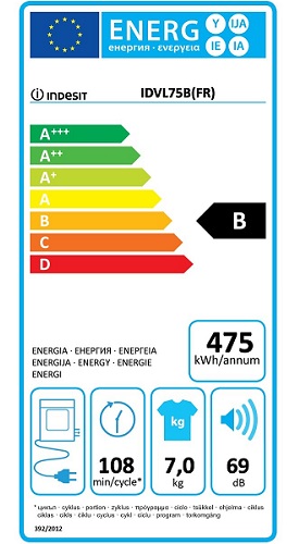 Sèche Linge Indesit - IDVL 75 B FR - Label Energie